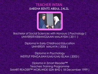 TEACHER INTAN
SABIHA BINTI ABDUL JALIL
Bachelor of Social Sciences with Honours ( Psychology )
UNIVERSITI KEBANGSAAN MALAYSIA ( 2011 )
Diploma in Early Childhood Education
UNIVERSITI MALAYA ( 2006 )
Diploma in Psychology
INSTITUT PENGAJIAN ILMU-ILMU ISLAM ( 2003 )
Diploma in Smart Reader™
Teachers Training Programme
SMART READER™ WORLWIDE SDN BHD ( 18 December 1999 )
 