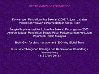 CERTIFICATES OF ATTENDENCE
Konvensyen Pendidikan Pra Sekolah (2002) Anjuran Jabatan
Pendidikan Wilayah bersama dengan Global Train
Bengkel Implimentasi Kurikulum Pra Sekolah Kebangsaan (2003)
Anjuran Jabatan Pendidikan Swasta Pusat Perkembangan Kurikulum
Persatuan Tadika Malaysia
Brain Gym for class management (2004) by Global Train
Kursus Pembangunan Keluarga dan Kanak-kanak Cemerlang /
Istimewa Nury
( 6 & 7April 2013 )
 