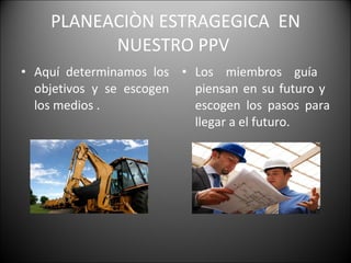 PLANEACIÒN ESTRAGEGICA  EN NUESTRO PPV  Aquí determinamos los objetivos y se escogen los medios . Los miembros guía  piensan en su futuro y  escogen los pasos para llegar a el futuro. 