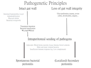 Pathogenetic Principles
Intact gut wall Loss of gut wall integrity
Intestinal hypomotility, Local
immunodeficiency
Mucosal edema
Bacterial overgrowth
Transmural migration
Bacterial translocation
LymphBlood
Intraperitoneal seeding of pathogens
Spontaneous bacterial
peritonitis
(Localized) Secondary
peritonitis
Adjuvants: Blood (iron), necrotic tissue, barium, bowel contents
More and more virulent bacteria
Insufficient immune response (eg. Low complement)
Ulcer perforation, trauma, severe
colitis, diverticulitis, surgery...
 