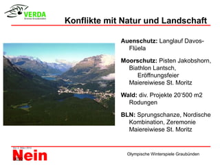 Konflikte mit Natur und Landschaft

                    Auenschutz: Langlauf Davos-
                      Flüela

                    Moorschutz: Pisten Jakobshorn,
                      Biathlon Lantsch,
                         Eröffnungsfeier
                      Maiereiwiese St. Moritz

                    Wald: div. Projekte 20‘500 m2
                      Rodungen

                    BLN: Sprungschanze, Nordische
                      Kombination, Zeremonie
                      Maiereiwiese St. Moritz


                      Olympische Winterspiele Graubünden
2022
 