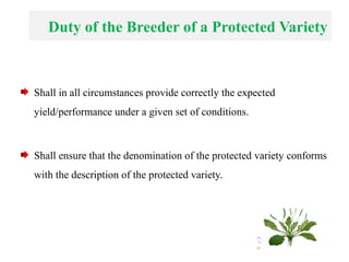 Duty of the Breeder of a Protected Variety
Shall in all circumstances provide correctly the expected
yield/performance under a given set of conditions.
Shall ensure that the denomination of the protected variety conforms
with the description of the protected variety.
 