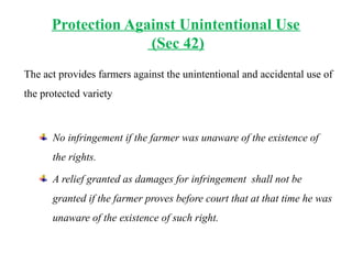Protection Against Unintentional Use
(Sec 42)
The act provides farmers against the unintentional and accidental use of
the protected variety
No infringement if the farmer was unaware of the existence of
the rights.
A relief granted as damages for infringement shall not be
granted if the farmer proves before court that at that time he was
unaware of the existence of such right.
 