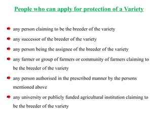 People who can apply for protection of a Variety
any person claiming to be the breeder of the variety
any successor of the breeder of the variety
any person being the assignee of the breeder of the variety
any farmer or group of farmers or community of farmers claiming to
be the breeder of the variety
any person authorised in the prescribed manner by the persons
mentioned above
any university or publicly funded agricultural institution claiming to
be the breeder of the variety
 