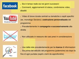 ●   Sia in tempo reale sia nei giorni successivi
●   Commenti, aggiornamenti di status, condivisione video,
dibattiti

●   Video di breve durata centrati su tematiche o ospiti specifici
(es. monologo Saviano): costruzione personalizzata del
programma
●   Prevalentemente in compagnia e successivamente alla
diretta


●   Non utilizzato in nessuno dei casi presi in considerazione




●   Uso della rete prevalentemente per la ricerca di informazioni
●   Sia prima del debutto del programma (polemiche) sia dopo la
fine di ogni puntata (ospiti o temi da approfondire)
 