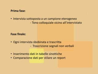 Prima fase:

• Intervista sottoposta a un campione eterogeneo
                - Tono colloquiale vicino all’intervistato


Fase finale:

• Ogni intervista sbobinata e trascritta
               - Trascrizione segnali non verbali

• Inserimento dati in tabelle sinottiche
• Comparazione dati per stilare un report
 