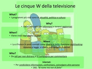 Le cinque W della televisione
What?
• I programmi più visti sono di attualità, politica e cultura

                                       Why?
             • Viene utilizzata per informarsi e tenersi aggiornati

When?
• Viene vista soprattutto la sera

                                      Where
 • La si fruisce in posti comodi come divano e letto. Funzione multitasking:
                insieme si legge, si studia o si naviga su Internet

Who?
• Da soli per non distrarsi o in compagnia per commentare

                                   Internet:
    • Per condividere informazioni, confrontarsi, coinvolgere altre persone
                       • SNS: “di nome ma non di fatto”
 