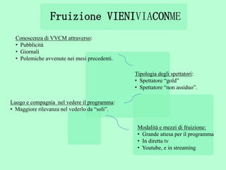 Fruizione VIENIVIACONME
  Conoscenza di VVCM attraverso:
  • Pubblicità
  • Giornali
  • Polemiche avvenute nei mesi precedenti.

                                              Tipologia degli spettatori:
                                              • Spettatore “gold”
                                              • Spettatore “non assiduo”.

Luogo e compagnia nel vedere il programma:
• Maggiore rilevanza nel vederlo da “soli”.


                                               Modalità e mezzi di fruizione:
                                               • Grande attesa per il programma
                                               • In diretta tv
                                               • Youtube, e in streaming
 