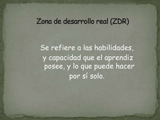 Se refiere a las habilidades,
 y capacidad que el aprendiz
 posee, y lo que puede hacer
         por sí solo.
 