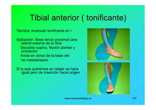 www.menapodologo.es 107
Tibial anterior ( tonificante)
Técnica: muscular tonificante en I
Aplicación: Base tercio proximal cara
lateral externa de la tibia
Decúbito supino, flexión plantar y
pronación
Ancla en dorso de la base del
1er metatarsiano
Si lo que queremos es relajar se hace
igual pero de inserción hacia origen
 