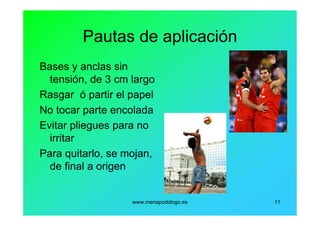 www.menapodologo.es 11
Pautas de aplicación
Bases y anclas sin
tensión, de 3 cm largo
Rasgar ó partir el papel
No tocar parte encolada
Evitar pliegues para no
irritar
Para quitarlo, se mojan,
de final a origen
 