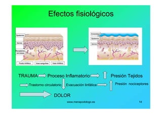www.menapodologo.es 14
Efectos fisiológicos
TRAUMA Proceso Inflamatorio Presión Tejidos
Trastorno circulatorio Evacuación linfática Presión nociceptores
DOLOR
 