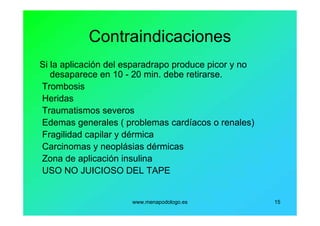 www.menapodologo.es 15
Contraindicaciones
Si la aplicación del esparadrapo produce picor y no
desaparece en 10 - 20 min. debe retirarse.
Trombosis
Heridas
Traumatismos severos
Edemas generales ( problemas cardíacos o renales)
Fragilidad capilar y dérmica
Carcinomas y neoplásias dérmicas
Zona de aplicación insulina
USO NO JUICIOSO DEL TAPE
 