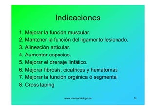 www.menapodologo.es 16
Indicaciones
1. Mejorar la función muscular.
2. Mantener la función del ligamento lesionado.
3. Alineación articular.
4. Aumentar espacios.
5. Mejorar el drenaje linfático.
6. Mejorar fibrosis, cicatrices y hematomas
7. Mejorar la función orgánica ó segmental
8. Cross taping
 