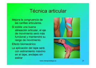 www.menapodologo.es 21
Técnica articular
Mejora la congruencia de
las carillas articulares.
Si existe una buena
alineación articular, el eje
de movimiento será más
funcional y mantendrá su
rango de movimiento.
Efecto biomecánico
La aplicación del tape será
con estiramiento máximo
en el tape, anclajes sin
estirar
 