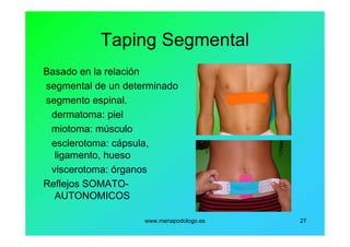 www.menapodologo.es 27
Taping Segmental
Basado en la relación
segmental de un determinado
segmento espinal.
dermatoma: piel
miotoma: músculo
esclerotoma: cápsula,
ligamento, hueso
viscerotoma: órganos
Reflejos SOMATO-
AUTONOMICOS
 