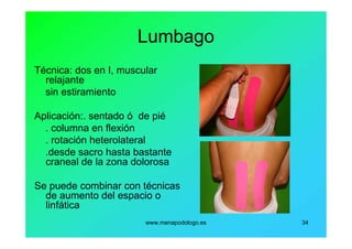 www.menapodologo.es 34
Lumbago
Técnica: dos en I, muscular
relajante
sin estiramiento
Aplicación:. sentado ó de pié
. columna en flexión
. rotación heterolateral
.desde sacro hasta bastante
craneal de la zona dolorosa
Se puede combinar con técnicas
de aumento del espacio o
linfática
 