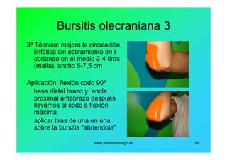 www.menapodologo.es 58
Bursitis olecraniana 3
3ª Técnica: mejora la circulación,
linfática sin estiramiento en I
cortando en el medio 3-4 tiras
(malla), ancho 5-7,5 cm
Aplicación: flexión codo 90º
base distal brazo y ancla
proximal antebrazo después
llevamos el codo a flexión
máxima
aplicar tiras de una en una
sobre la bursitis “abriendola”
 