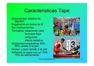www.menapodologo.es 6
Caracteristicas Tape
Esparadrapo elástico de
algodón.
Pegamento en forma de S
Sin medicamentos
Turmalina: desprende calor
favorece flujo
sanguíneo
efecto sedativo
Elasticidad longitudinal 30%-
50% similar a la piel.
Grosor y peso similar a la piel.
Adherido al papel con un 10%-
15% de estiramiento
 