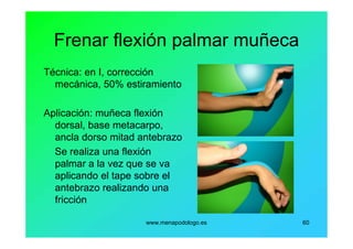 www.menapodologo.es 60
Frenar flexión palmar muñeca
Técnica: en I, corrección
mecánica, 50% estiramiento
Aplicación: muñeca flexión
dorsal, base metacarpo,
ancla dorso mitad antebrazo
Se realiza una flexión
palmar a la vez que se va
aplicando el tape sobre el
antebrazo realizando una
fricción
 