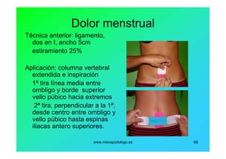 www.menapodologo.es 68
Dolor menstrual
Técnica anterior: ligamento,
dos en I, ancho 5cm
estiramiento 25%
Aplicación: columna vertebral
extendida e inspiración
1ª tira línea media entre
ombligo y borde superior
vello púbico hacia extremos
2ª tira, perpendicular a la 1ª,
desde centro entre ombligo y
vello púbico hasta espinas
iliacas antero superiores.
 