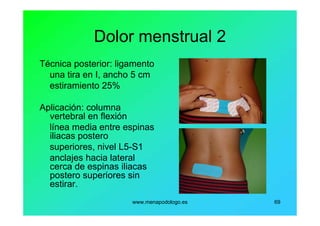 www.menapodologo.es 69
Dolor menstrual 2
Técnica posterior: ligamento
una tira en I, ancho 5 cm
estiramiento 25%
Aplicación: columna
vertebral en flexión
línea media entre espinas
iliacas postero
superiores, nivel L5-S1
anclajes hacia lateral
cerca de espinas iliacas
postero superiores sin
estirar.
 