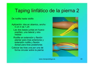 www.menapodologo.es 83
Taping linfático de la pierna 2
De rodilla hasta tobillo
Aplicación: dos en abanico, ancho
5 cm 4 de 1,25
Las dos bases juntas en hueco
poplíteo, una lateral y otra
medial
Rodilla en extensión y flexión
plantar para tiras anteriores y
extensión rodilla y flexión
dorsal para tiras posteriores
Colocar las tiras una por una de
forma circular sobre la pierna
 