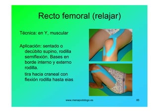 www.menapodologo.es 85
Recto femoral (relajar)
Técnica: en Y, muscular
Aplicación: sentado o
decúbito supino, rodilla
semiflexión. Bases en
borde interno y externo
rodilla.
tira hacia craneal con
flexión rodilla hasta eias
 