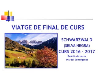 VIATGE DE FINAL DE CURS
SCHWARZWALD
(SELVA NEGRA)
CURS 2016 – 2017
Reunió de pares
INS del Voltreganès
 