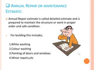  ANNUAL REPAIR OR MAINTENANCE
ESTIMATE:
 Annual Repair estimate is called detailed estimate and is
prepared to maintain the structure or work in proper
order and safe condition.
 For building this includes,
1.White washing
2.Colour washing
3.Painting of doors and windows
4.Minor repairs,etc
 