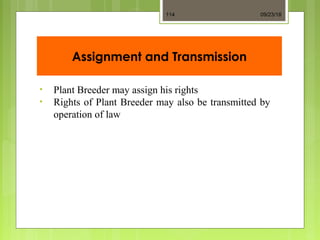 Assignment and Transmission
• Plant Breeder may assign his rights
• Rights of Plant Breeder may also be transmitted by
operation of law
09/23/18114
 