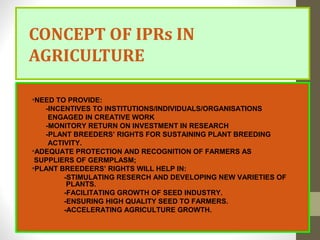 CONCEPT OF IPRs IN
AGRICULTURE
•NEED TO PROVIDE:
-INCENTIVES TO INSTITUTIONS/INDIVIDUALS/ORGANISATIONS
ENGAGED IN CREATIVE WORK
-MONITORY RETURN ON INVESTMENT IN RESEARCH
-PLANT BREEDERS’ RIGHTS FOR SUSTAINING PLANT BREEDING
ACTIVITY.
•ADEQUATE PROTECTION AND RECOGNITION OF FARMERS AS
SUPPLIERS OF GERMPLASM;
•PLANT BREEDEERS’ RIGHTS WILL HELP IN:
-STIMULATING RESERCH AND DEVELOPING NEW VARIETIES OF
PLANTS.
-FACILITATING GROWTH OF SEED INDUSTRY.
-ENSURING HIGH QUALITY SEED TO FARMERS.
-ACCELERATING AGRICULTURE GROWTH.
 