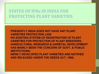 STATUS OF IPRs IN INDIA FOR
PROTECTING PLANT VARIETIES
•PRESENTLY INDIA DOES NOT HAVE ANY PLANT
VARIETIES PROTECTION LAW;
•NO EXISTING SYSTEM OF REGISTRATION OF PLANT
VARIETIES FOR PROTECTION OF PLANT BREEDERS;
•AGRICULTURAL RESEARCH & VARIETAL DEVELOPMENT
HAS MAINLY BEEN THE CONCERN OF GOVT. & PUBLIC
INSTITUTIONS;
•NEWLY DEVELOPED PLANT VARIETIES ARE NOTIFIED
AND RELEASED UNDER THE SEEDS ACT, 1966;
 