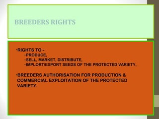 BREEDERS RIGHTS
•RIGHTS TO -
–PRODUCE,
–SELL, MARKET, DISTRIBUTE,
–IMPLORT/EXPORT SEEDS OF THE PROTECTED VARIETY,
•BREEDERS AUTHORISATION FOR PRODUCTION &
COMMERCIAL EXPLOITATION OF THE PROTECTED
VARIETY.
 
