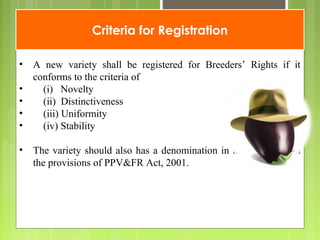 Criteria for Registration
• A new variety shall be registered for Breeders’ Rights if it
conforms to the criteria of
• (i) Novelty
• (ii) Distinctiveness
• (iii) Uniformity
• (iv) Stability
• The variety should also has a denomination in accordance with
the provisions of PPV&FR Act, 2001.
 