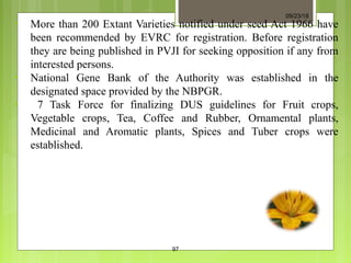 • More than 200 Extant Varieties notified under seed Act 1966 have
been recommended by EVRC for registration. Before registration
they are being published in PVJI for seeking opposition if any from
interested persons.
• National Gene Bank of the Authority was established in the
designated space provided by the NBPGR.
• 7 Task Force for finalizing DUS guidelines for Fruit crops,
Vegetable crops, Tea, Coffee and Rubber, Ornamental plants,
Medicinal and Aromatic plants, Spices and Tuber crops were
established.
09/23/18
97
 