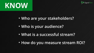 • Who are your stakeholders?
• Who is your audience?
• What is a successful stream?
• How do you measure stream ROI?
KNOW
 