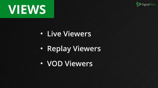• Live Viewers
• Replay Viewers
• VOD Viewers
VIEWS
 