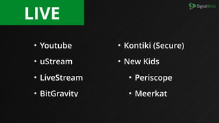 • Youtube
• uStream
• LiveStream
• BitGravity
LIVE
• Kontiki (Secure)
• New Kids
• Periscope
• Meerkat
 