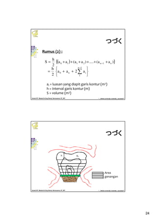24
Kuliah PP. Waduk-Dr.Eng Donny Harisuseno, ST., MT
Jurusan Teknik Pengairan FTUB , 2014
“....thinks correctly n smartly...success!!”
( ){ })aa(....)aa(aa
2
h
S n1n2110 ++++++= −






++= ∑
−1n
1
in0 a2aa
2
h
ai = luasan yang diapit garis kontur (m2)
h = interval garis kontur (m)
S = volume (m3)
つづくつづくつづくつづく
Rumus (2) :
Kuliah PP. Waduk-Dr.Eng Donny Harisuseno, ST., MT
Jurusan Teknik Pengairan FTUB , 2014
“....thinks correctly n smartly...success!!”
a0
a1
anh
Area
genangan
つづくつづくつづくつづく
 