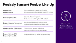 Precisely Syncsort Product Line-Up
Syncsort MFX +
Syncsort ZPSaver
Syncsort Optimize IMS
Syncsort Capacity Management
Sync...