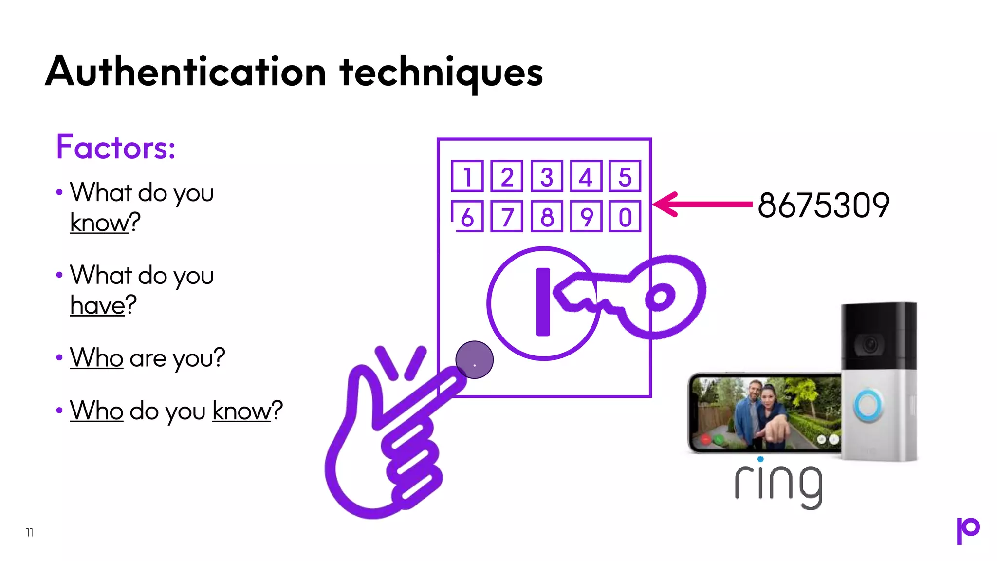 Authentication techniques
Factors:
• What do you
know?
• What do you
have?
• Who are you?
• Who do you know?
11
8675309
1 2 3 4 5
6 7 8 9 0
.
 