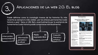 Aplicaciones de la web 2.0: El blog
5
3.
Puede definirse como la cronología inversa de las historias (lo más
reciente es siempre lo más visible), por los enlaces permanentes (cada
historia o post tiene un URL fijo) y eventualmente por la existencia de
comentarios (cada historia puede comentarse individualmente).
Medio de
expresión libre
Creación
literaria y
artística
intercambio
conocimiento
Información
paralela a
la oficial
 