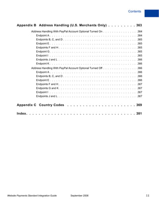 Contents



        Appendix B Address Handling (U.S. Merchants Only) . . . . . . . . . 363
                    Address Handling With PayPal Account Optional Turned On . . . . . . . . . . . . . . . .364
                         Endpoint A . . . . . . . . . . . . . . . . . . . . . . . . . . . . . . . . . . . . . . . .364
                         Endpoints B, C, and D . . . . . . . . . . . . . . . . . . . . . . . . . . . . . . . . . .365
                         Endpoint E . . . . . . . . . . . . . . . . . . . . . . . . . . . . . . . . . . . . . . . .365
                         Endpoints F and H . . . . . . . . . . . . . . . . . . . . . . . . . . . . . . . . . . . .365
                         Endpoint G . . . . . . . . . . . . . . . . . . . . . . . . . . . . . . . . . . . . . . . .365
                         Endpoint I . . . . . . . . . . . . . . . . . . . . . . . . . . . . . . . . . . . . . . . .365
                         Endpoints J and L . . . . . . . . . . . . . . . . . . . . . . . . . . . . . . . . . . . .366
                         Endpoint K . . . . . . . . . . . . . . . . . . . . . . . . . . . . . . . . . . . . . . . .366
                    Address Handling With PayPal Account Optional Turned Off . . . . . . . . . . . . . . . .366
                         Endpoint A . . . . . . . . . . . . . . . . . . . . . . . . . . . . . . . . . . . . . . . .366
                         Endpoints B, C, and D . . . . . . . . . . . . . . . . . . . . . . . . . . . . . . . . . .366
                         Endpoint E . . . . . . . . . . . . . . . . . . . . . . . . . . . . . . . . . . . . . . . .366
                         Endpoints F and H . . . . . . . . . . . . . . . . . . . . . . . . . . . . . . . . . . . .367
                         Endpoints G and K. . . . . . . . . . . . . . . . . . . . . . . . . . . . . . . . . . . .367
                         Endpoint I . . . . . . . . . . . . . . . . . . . . . . . . . . . . . . . . . . . . . . . .367
                         Endpoints J and L . . . . . . . . . . . . . . . . . . . . . . . . . . . . . . . . . . . .367


        Appendix C Country Codes                    . . . . . . . . . . . . . . . . . . . . . . 369

        Index . . . . . . . . . . . . . . . . . . . . . . . . . . . . . . . . . . . 381




Website Payments Standard Integration Guide            September 2008                                                    11
 