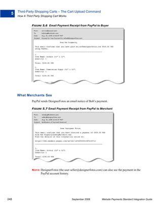 Third-Party Shopping Carts – The Cart Upload Command
  5
      How A Third Party Shopping Cart Works


                FIGURE 5.6 Email Payment Receipt from PayPal to Buyer




      What Merchants See
                PayPal sends DesignerFotos an email notice of Bob’s payment.

                FIGURE 5.7 Email Payment Receipt from PayPal to Merchant




                N O T E : DesignerFotos
                                     (the user seller@designerfotos.com) can also see the payment in the
                       PayPal account history.




248                                             September 2008          Website Payments Standard Integration Guide
 