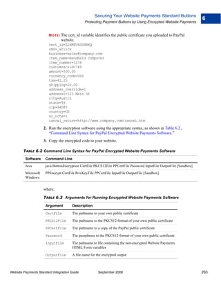Securing Your Website Payments Standard Buttons
                                                                                                                     6
                                                Protecting Payment Buttons by Using Encrypted Website Payments


                        N O T E : The
                                   cert_id variable identifies the public certificate you uploaded to PayPal
                                website.
                        cert_id=Z24MFU6DSHBXQ
                        cmd=_xclick
                        business=sales@company.com
                        item_name=Handheld Computer
                        item_number=1234
                        custom=sc-id-789
                        amount=500.00
                        currency_code=USD
                        tax=41.25
                        shipping=20.00
                        address_override=1
                        address1=123 Main St
                        city=Austin
                        state=TX
                        zip=94085
                        country=US
                        no_note=1
                        cancel_return=http://www.company.com/cancel.htm

                     2. Run the encryption software using the appropriate syntax, as shown in Table 6.2 ,
                        “Command Line Syntax for PayPal Encrypted Website Payments Software.”
                     3. Copy the encrypted code to your website.

        TABLE 6.2 Command Line Syntax for PayPal Encrypted Website Payments Software

         Software     Command Line
         Java         java ButtonEncryption CertFile PKCS12File PPCertFile Password InputFile OutputFile [Sandbox]
         Microsoft    PPEncrypt CertFile PrivKeyFile PPCertFile InputFile OutputFile [Sandbox]
         Windows


                     where:

                     TABLE 6.3 Arguments for Running Encrypted Website Payments Software

                      Argument          Description

                      CertFile          The pathname to your own public certificate

                      PKCS12File        The pathname to the PKCS12-format of your own public certificate

                      PPCertFile        The pathname to a copy of the PayPal public certificate

                      Password          The passphrase to the PKCS12-format of your own public certificate

                      InputFile         The pathname to file containing the non-encrypted Website Payments
                                        HTML Form variables

                      OutputFile        A file name for the encrypted output



Website Payments Standard Integration Guide              September 2008                                              263
 