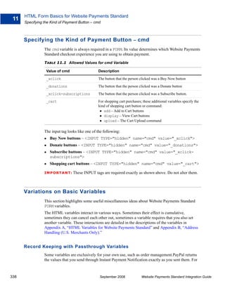HTML Form Basics for Website Payments Standard
 11
      Specifying the Kind of Payment Button – cmd



      Specifying the Kind of Payment Button – cmd
                 The cmd variable is always required in a FORM. Its value determines which Website Payments
                 Standard checkout experience you are using to obtain payment.

                 TABLE 11.1 Allowed Values for cmd Variable

                  Value of cmd                   Description

                  _xclick                        The button that the person clicked was a Buy Now button

                  _donations                     The button that the person clicked was a Donate button

                  _xclick-subscriptions          The button that the person clicked was a Subscribe button.

                  _cart                          For shopping cart purchases; these additional variables specify the
                                                 kind of shopping cart button or command:
                                                    add – Add to Cart buttons
                                                    display – View Cart buttons
                                                    upload – The Cart Upload command

                 The input tag looks like one of the following:
                    Buy Now buttons – <INPUT TYPE="hidden" name="cmd" value="_xclick">
                    Donate buttons – <INPUT TYPE="hidden" name="cmd" value="_donations">
                    Subscribe buttons – <INPUT TYPE="hidden" name="cmd" value="_xclick-
                    subscriptions">
                    Shopping cart buttons – <INPUT TYPE="hidden" name="cmd" value="_cart">

                 IMPO RTANT: These       INPUT tags are required exactly as shown above. Do not alter them.



      Variations on Basic Variables
                 This section highlights some useful miscellaneous ideas about Website Payments Standard
                 FORM variables.
                 The HTML variables interact in various ways. Sometimes their effect is cumulative,
                 sometimes they can cancel each other out, sometimes a variable requires that you also set
                 another variable. These interactions are detailed in the descriptions of the variables in
                 Appendix A, “HTML Variables for Website Payments Standard” and Appendix B, “Address
                 Handling (U.S. Merchants Only).”


      Record Keeping with Passthrough Variables
                 Some variables are exclusively for your own use, such as order management.PayPal returns
                 the values that you send through Instant Payment Notification exactly as you sent them. For



338                                               September 2008             Website Payments Standard Integration Guide
 