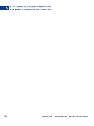 HTML Variables for Website Payments Standard
  A
      HTML Variables for Prepopulating PayPal Checkout Pages




362                                            September 2008   Website Payments Standard Integration Guide
 