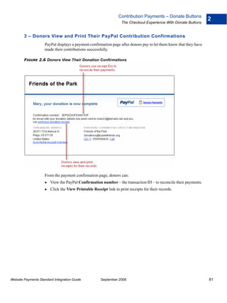 Contribution Payments – Donate Buttons
                                                                                                                   2
                                                                   The Checkout Experience With Donate Buttons


        3 – Donors View and Print Their PayPal Contribution Confirmations
                    PayPal displays a payment confirmation page after donors pay to let them know that they have
                    made their contributions successfully.

        FIGURE 2.6 Donors View Their Donation Confirmations




                    From the payment confirmation page, donors can:
                        View the PayPal Confirmation number – the transaction ID – to reconcile their payments.
                        Click the View Printable Receipt link to print receipts for their records.




Website Payments Standard Integration Guide           September 2008                                               81
 