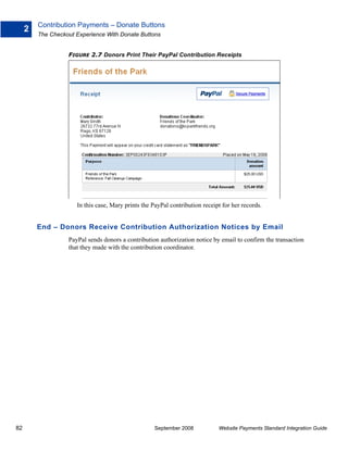 Contribution Payments – Donate Buttons
     2
         The Checkout Experience With Donate Buttons


                   FIGURE 2.7 Donors Print Their PayPal Contribution Receipts




                      In this case, Mary prints the PayPal contribution receipt for her records.


         End – Donors Receive Contribution Authorization Notices by Email
                   PayPal sends donors a contribution authorization notice by email to confirm the transaction
                   that they made with the contribution coordinator.




82                                                   September 2008           Website Payments Standard Integration Guide
 